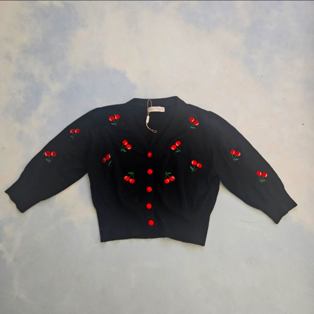 Cherry Embroidered Black Cropped Cardigan 3/4 Sleeve Pinup Retro Cherry Sweater